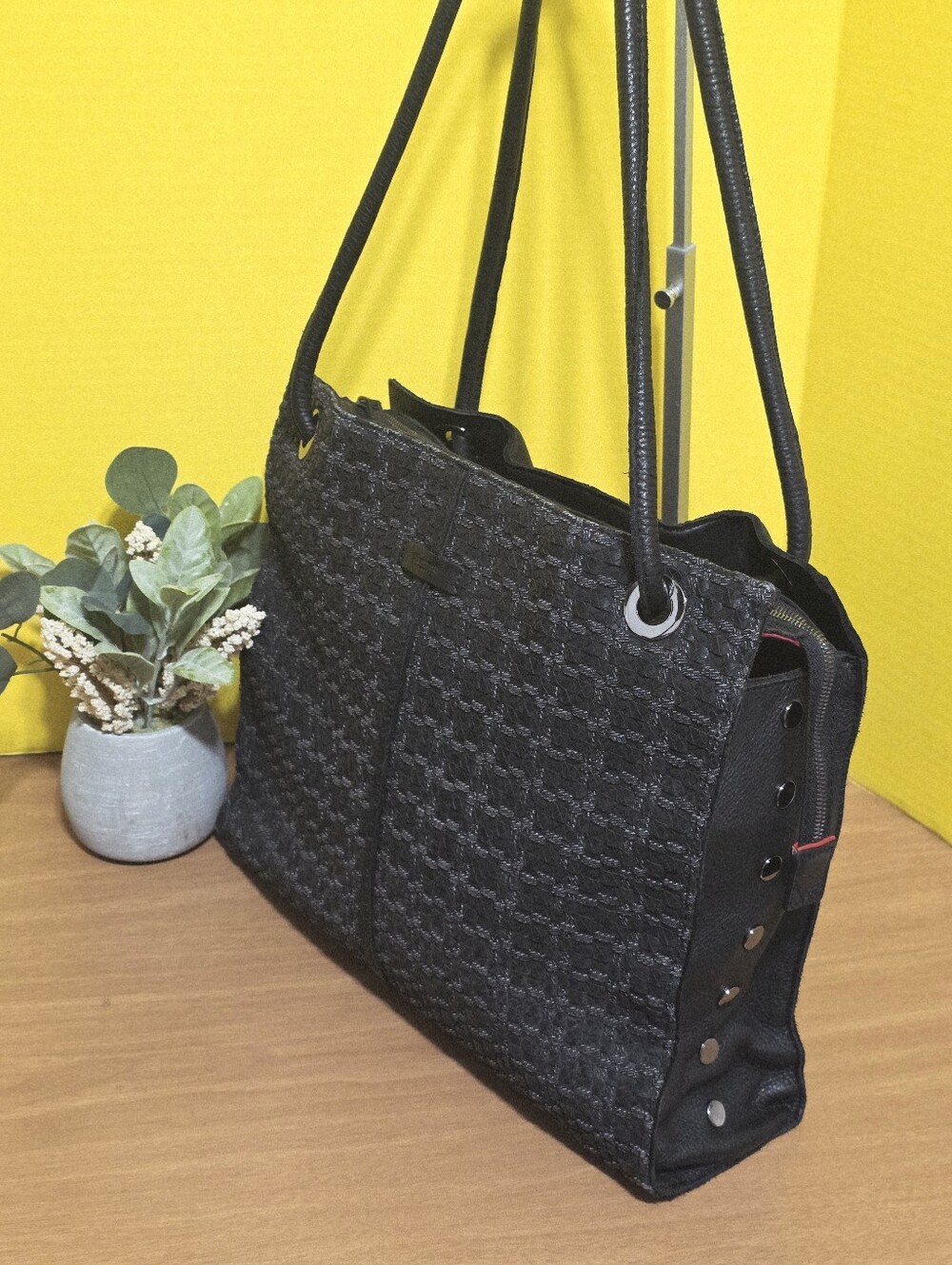 Hammitt Benjamin Leather Woven Large Shoulder Tote Bag Purse Top Zip Black - Picture 4 of 12